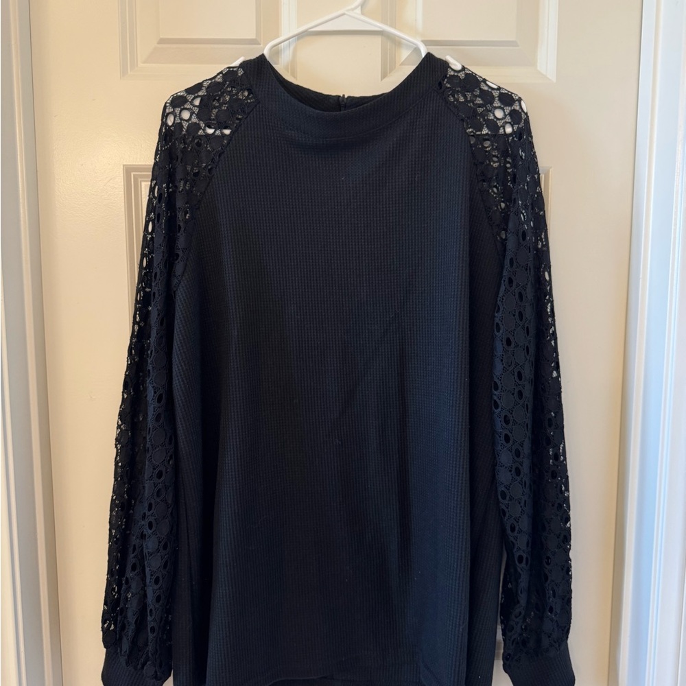 Black Waffle Weave Lace Sleeve Top - Picture 2 of 7
